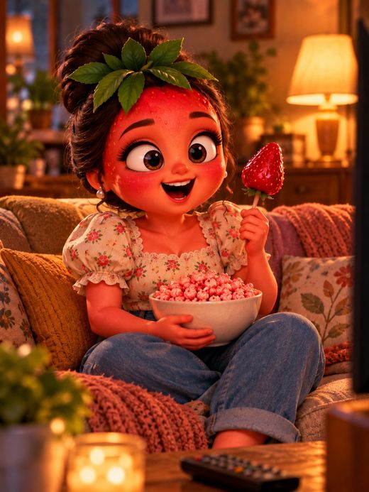 Moranguete no sofá com pipoca e morango do amor