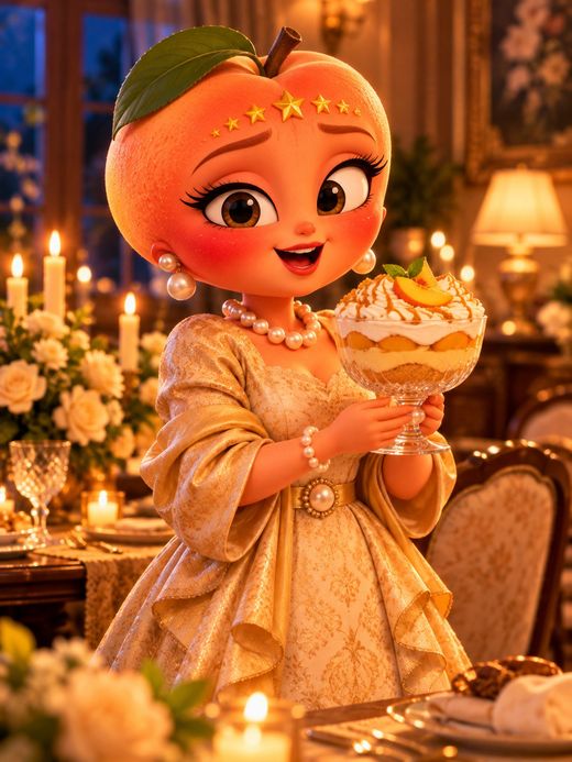 Madame Pêssego com taça de pavê de pêssego