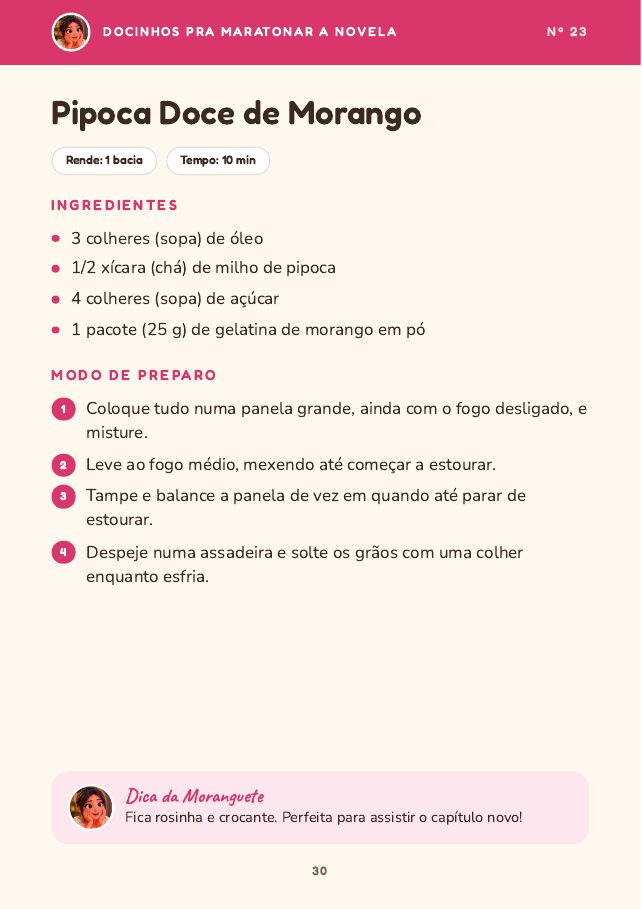 Página da receita de pipoca doce de morango